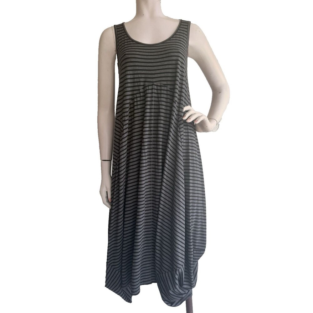 NYAH Midi Tank Dress Black Gray Striped Art to Wear Lagenlook Ruched Hem Size XS